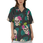 Blue Tropical Leaf and White Hibiscus Hawaiian Tee Coastal Summer Outfit