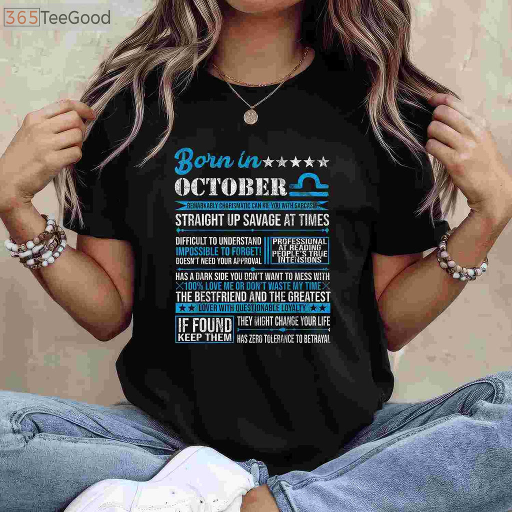 Born in October Libra Horoscope Birthday Shirt - Minimalist Zodiac Gift for Women