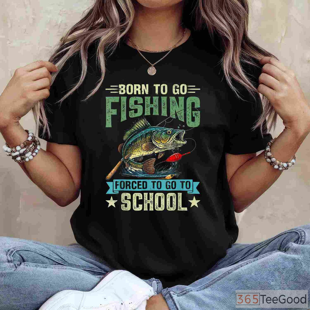 Born to Fish Forced to School Fishing Shirt, Funny Youth Boys Fishing Gift Tee
