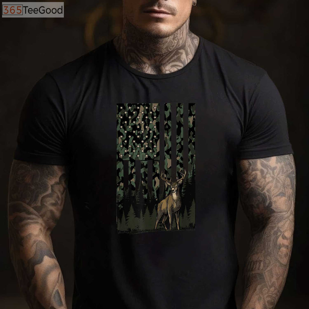 Camo American Flag Deer Hunting Gift for Men, Patriotic Dad Hunter T-Shirt