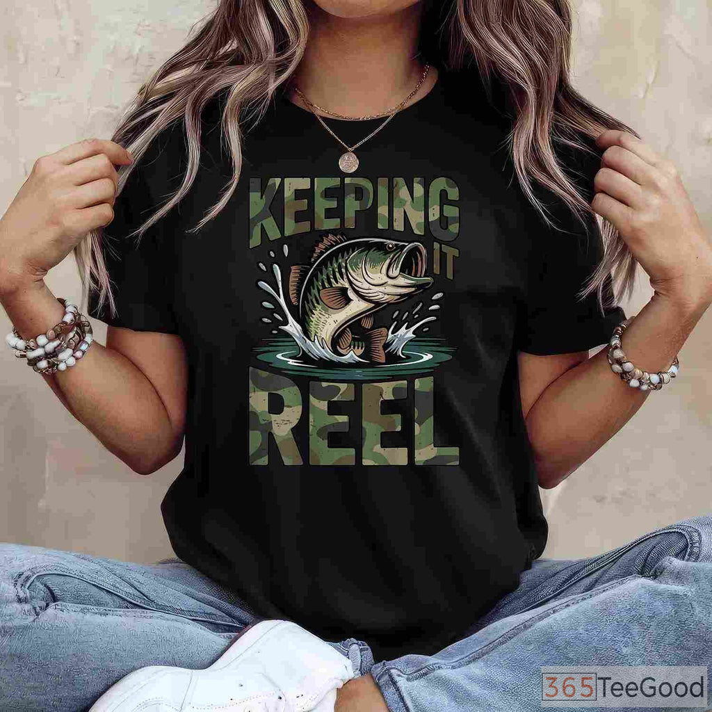 Camo Keeping It Reel Bass Fishing Shirt - Funny Dad Joke Tee for Youth & Men
