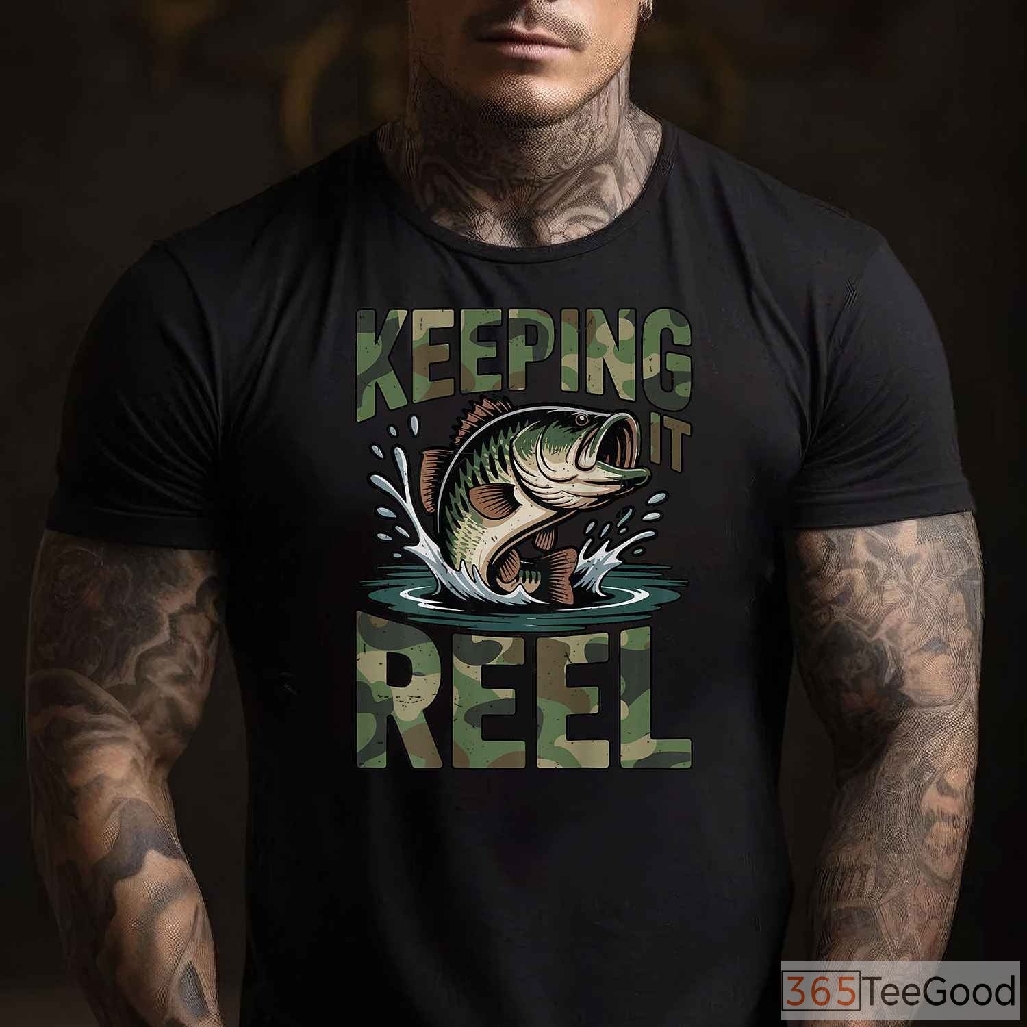 Camo Keeping It Reel Bass Fishing Shirt - Funny Dad Joke Tee for Youth & Men