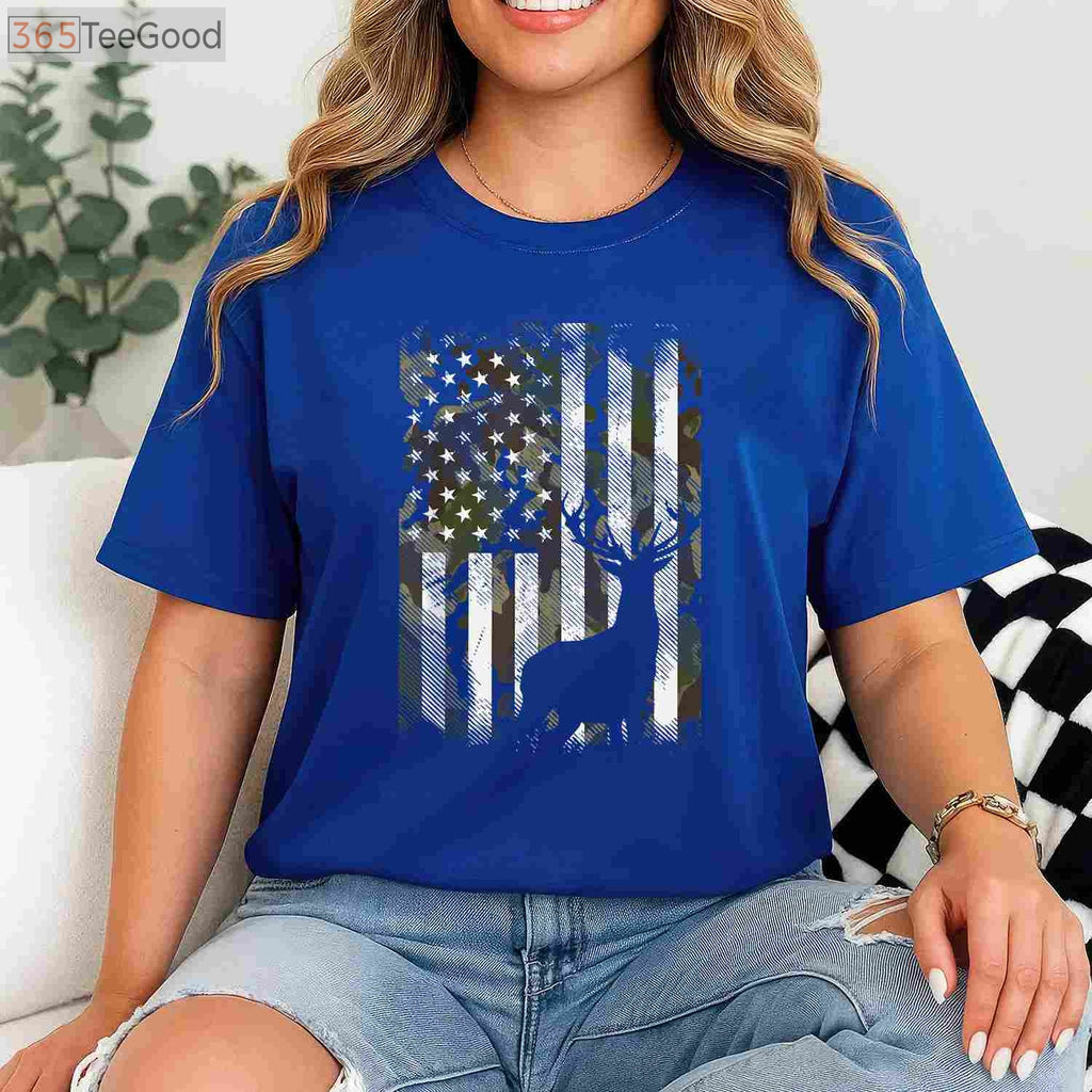 Camo US Flag Deer Elk Hunting Shirt, Hunter Dad Gift Short Sleeve Graphic Tee