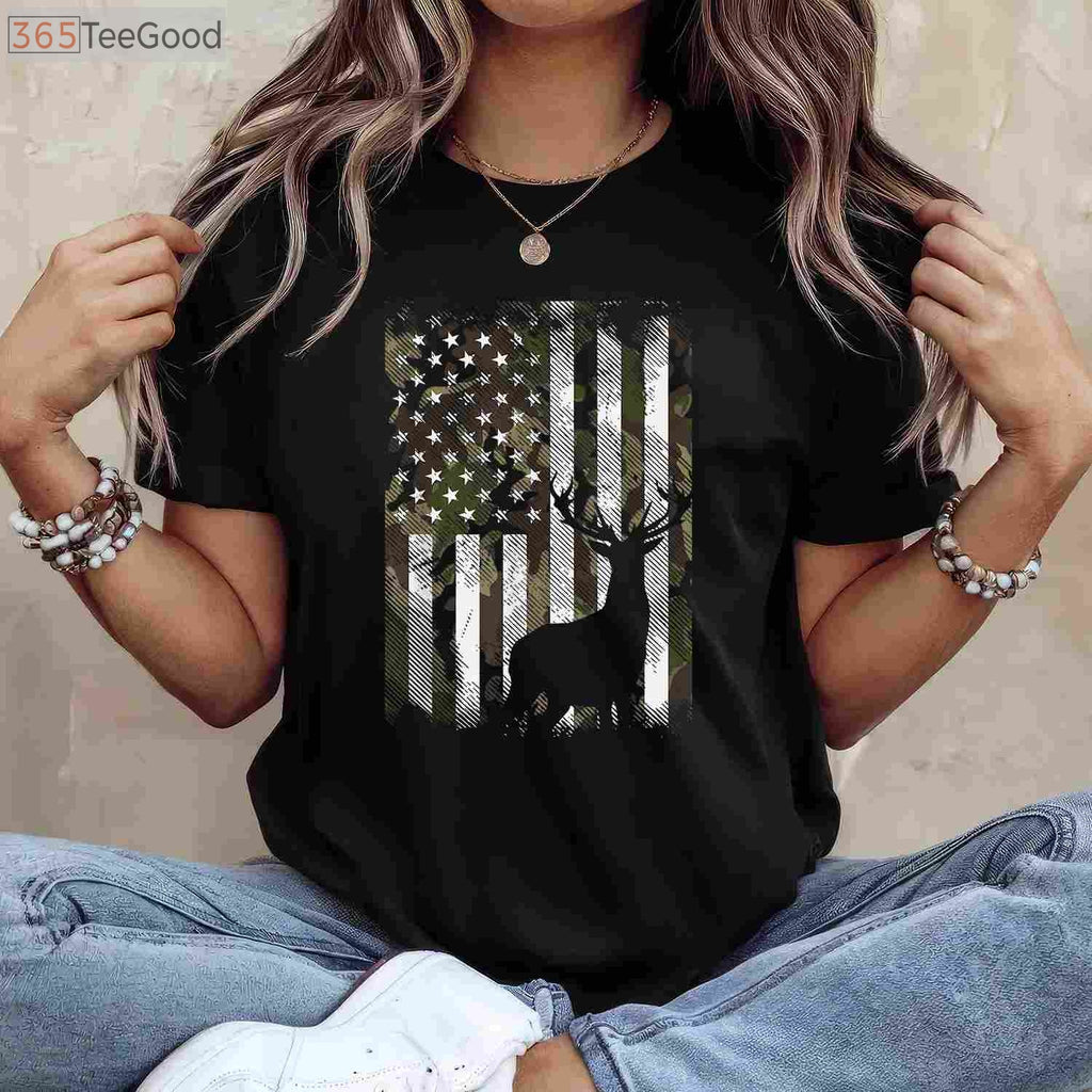 Camo US Flag Deer Hunting Shirt, American Flag Elk Buck Gift for Hunting Dads
