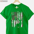 Camo US Flag Deer Elk Hunting Shirt, Hunter Dad Gift Short Sleeve Graphic Tee