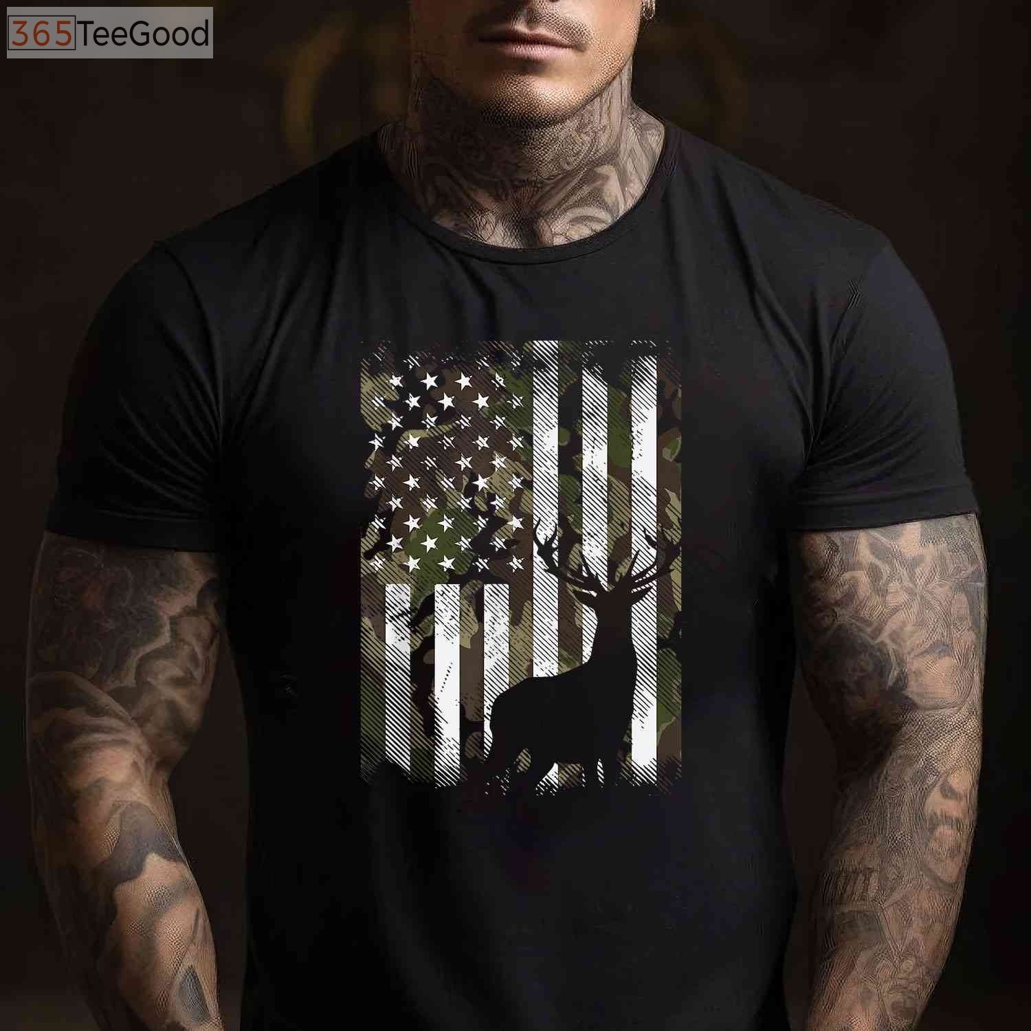 Camo US Flag Deer Hunting Shirt, American Flag Elk Buck Gift for Hunting Dads