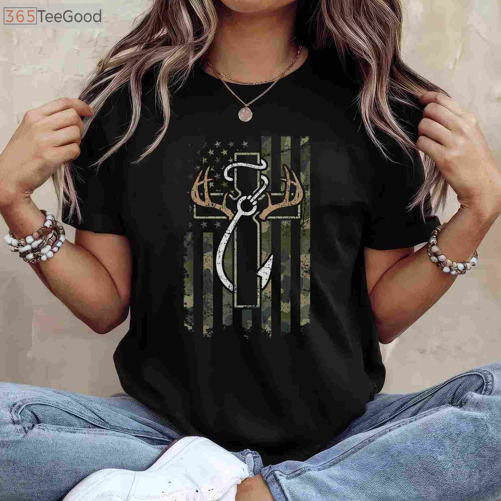 Christian Hunting Fishing Faith Shirt, Patriotic USA Flag Camo Faith Apparel