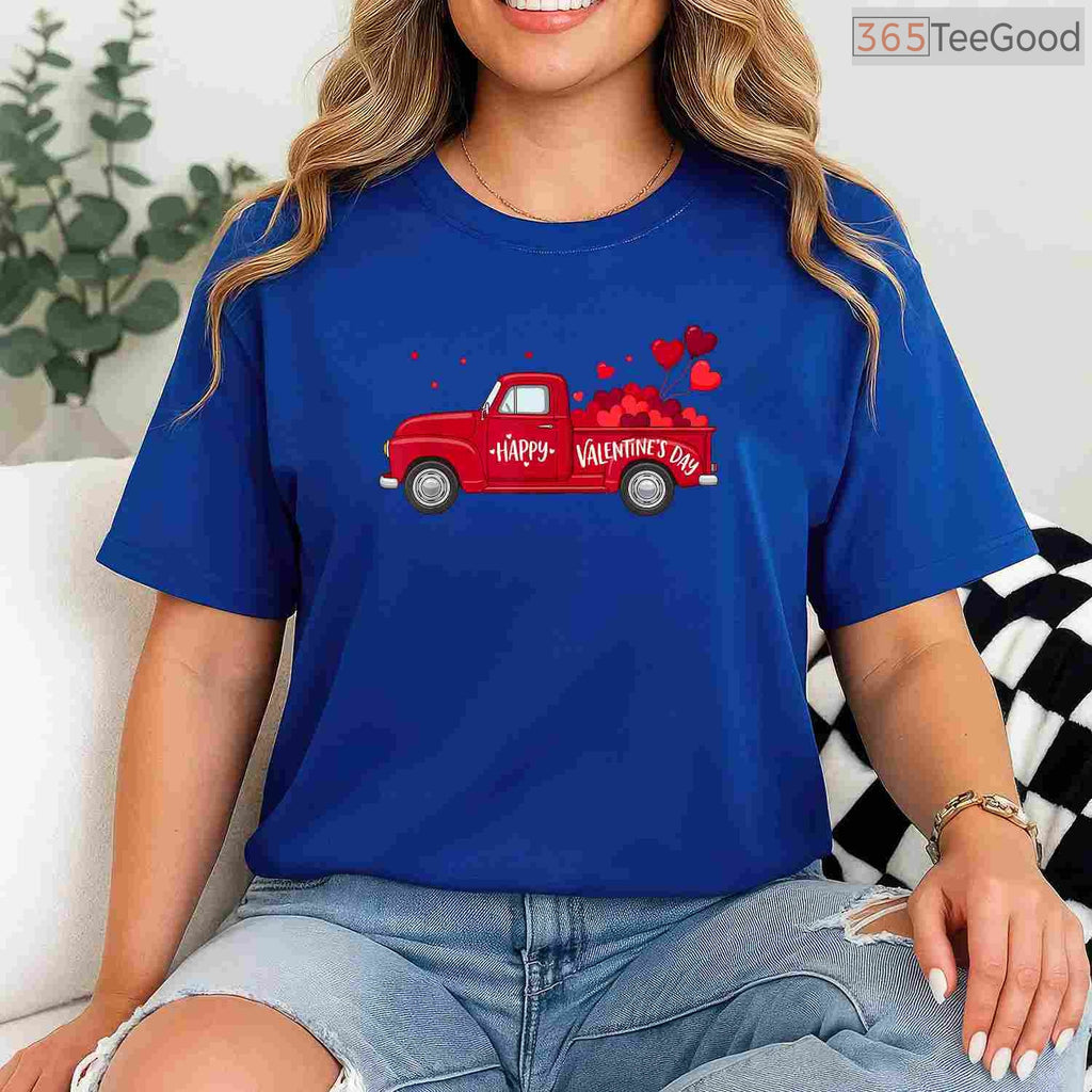 Classic Red Truck Happy Valentine's Day T-Shirt, Rustic Farmhouse Style Heart Shirt for Men Women