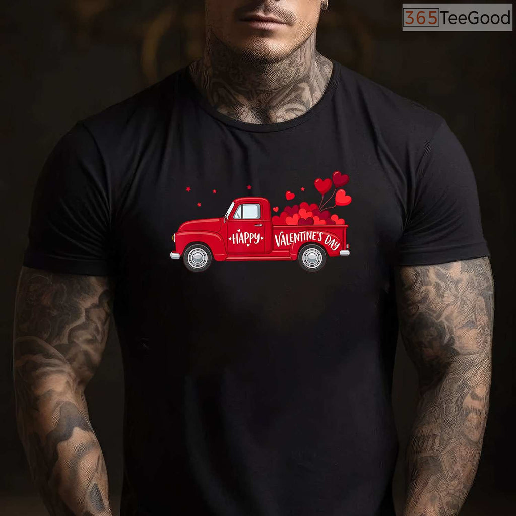 Classic Red Truck Happy Valentine's Day T-Shirt, Rustic Farmhouse Style Heart Shirt for Men Women