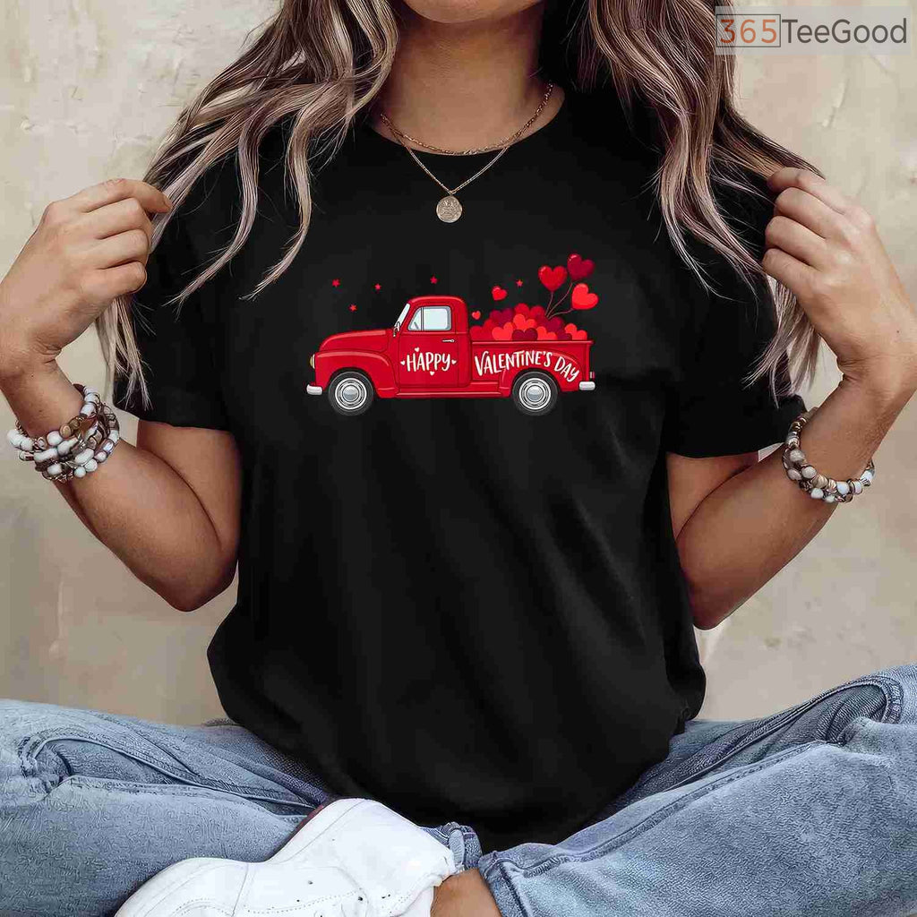 Classic Red Truck Happy Valentine's Day T-Shirt, Rustic Farmhouse Style Heart Shirt for Men Women