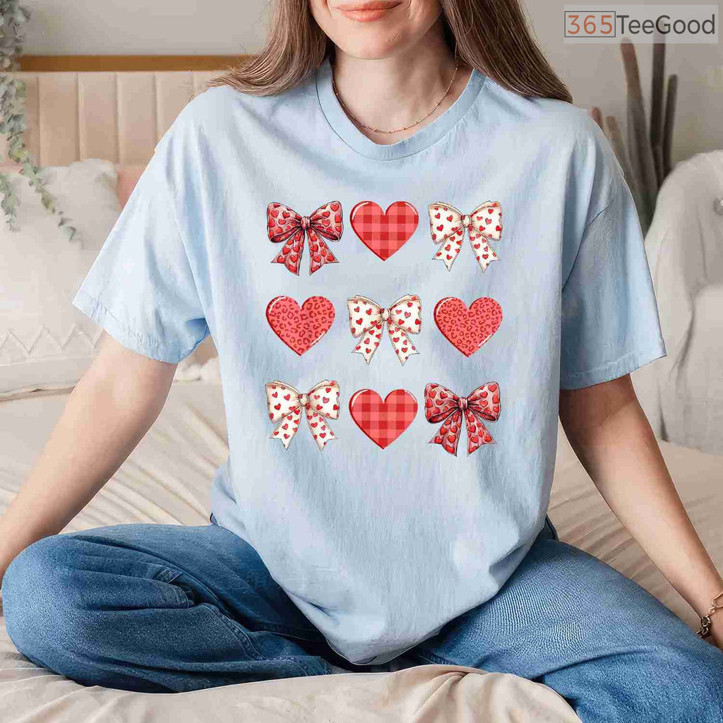 Coquette Aesthetic Valentine T-Shirt with Leopard Hearts & Bows, Trendy Girly Valentine Gift Tee