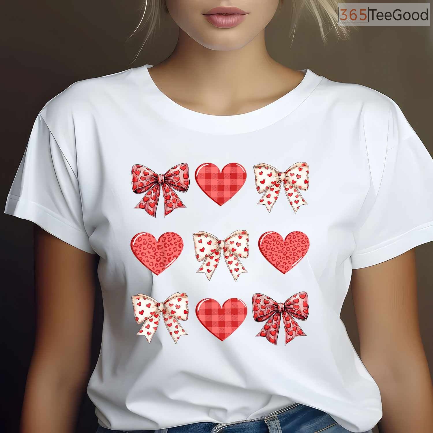 Coquette Aesthetic Valentine T-Shirt with Leopard Hearts & Bows, Trendy Girly Valentine Gift Tee