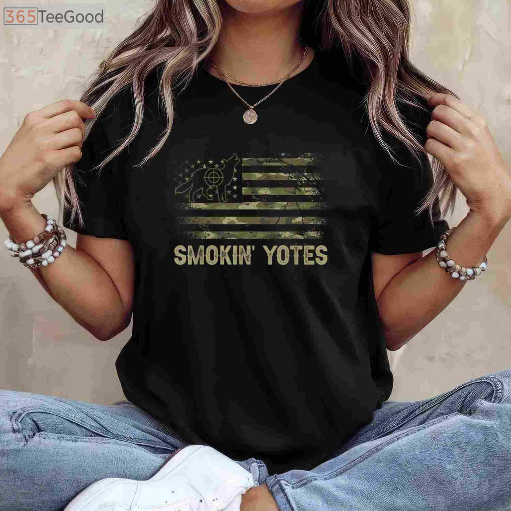 Coyote Hunting American Flag Hunting T-Shirt, Patriotic Yote Hunter Hunting Shirt