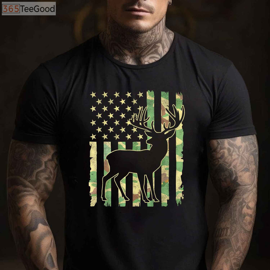Deer Hunting USA Flag Hunting T-Shirt, Buck Camouflage Hunter Dad Hunting Shirt