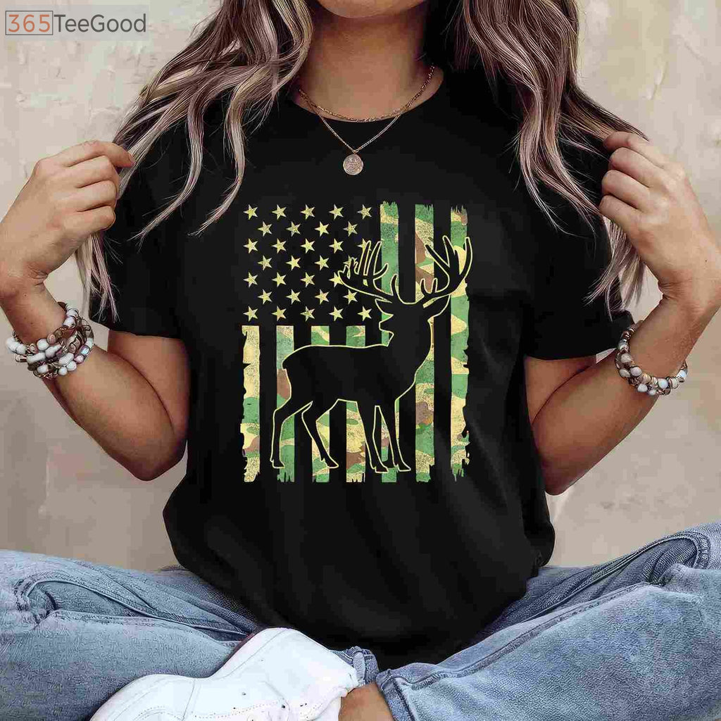 Deer Hunting USA Flag Hunting T-Shirt, Buck Camouflage Hunter Dad Hunting Shirt