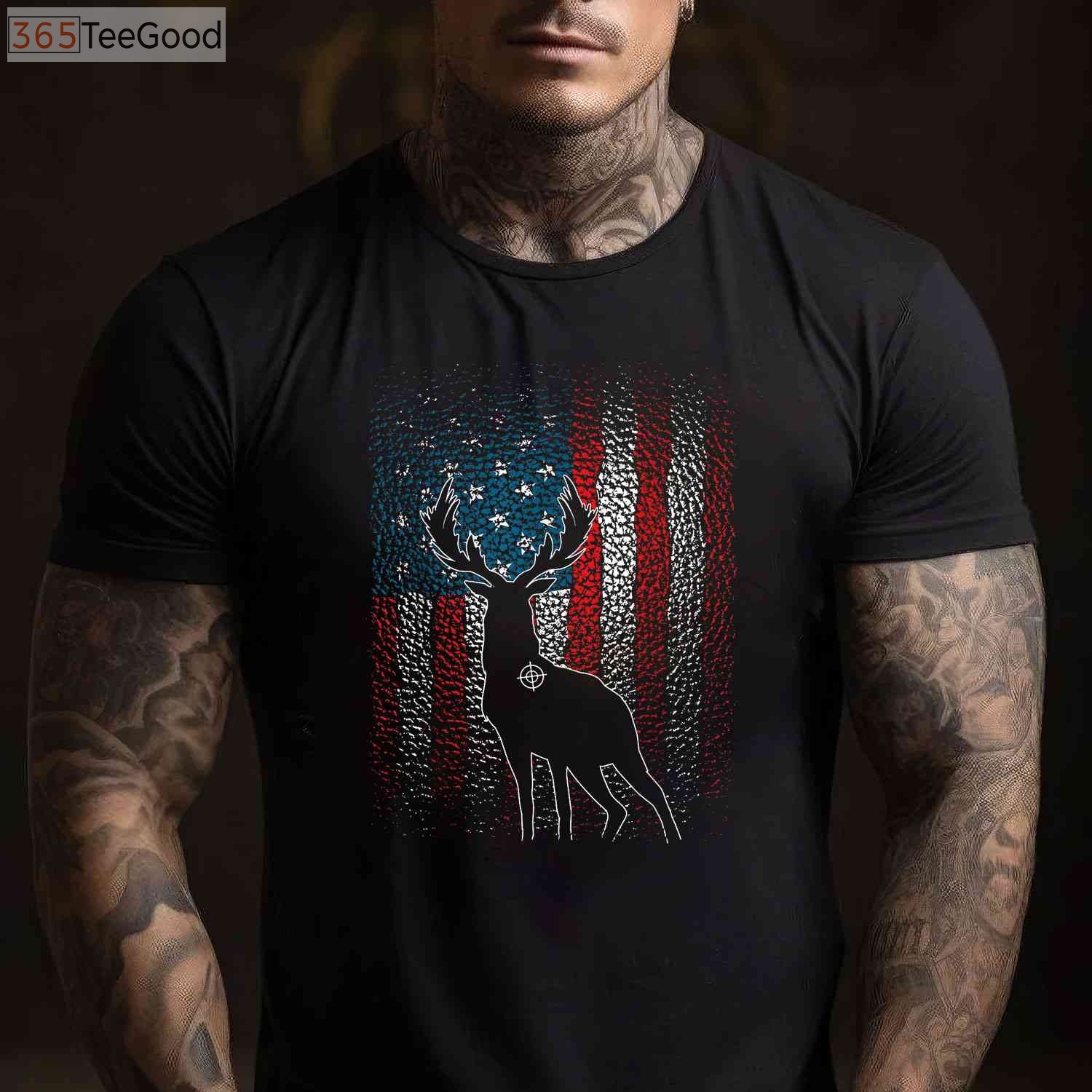 Deer Hunting American Flag Hunting T-Shirt, Whitetail Buck Antlers Hunter Shirt for Men