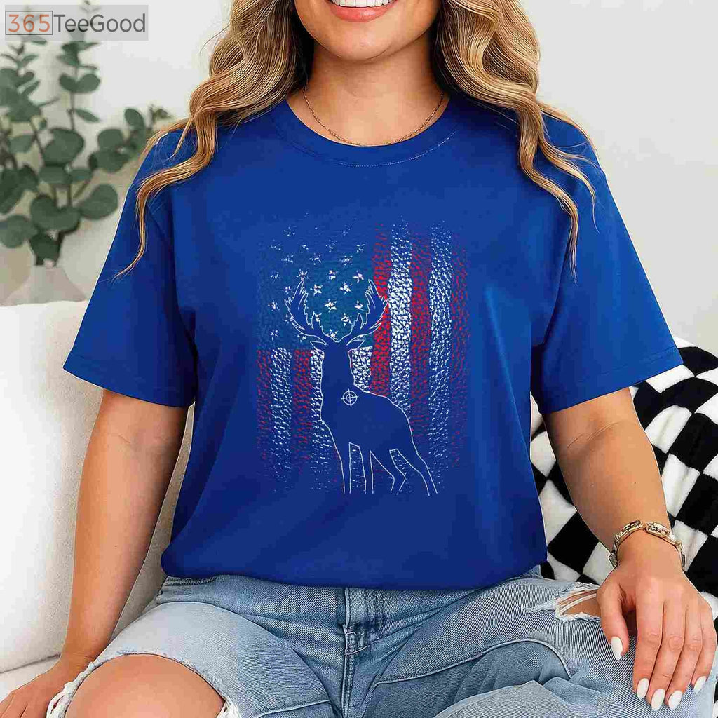 Deer Hunting American Flag Hunting T-Shirt, Whitetail Buck Antlers Hunter Shirt for Men