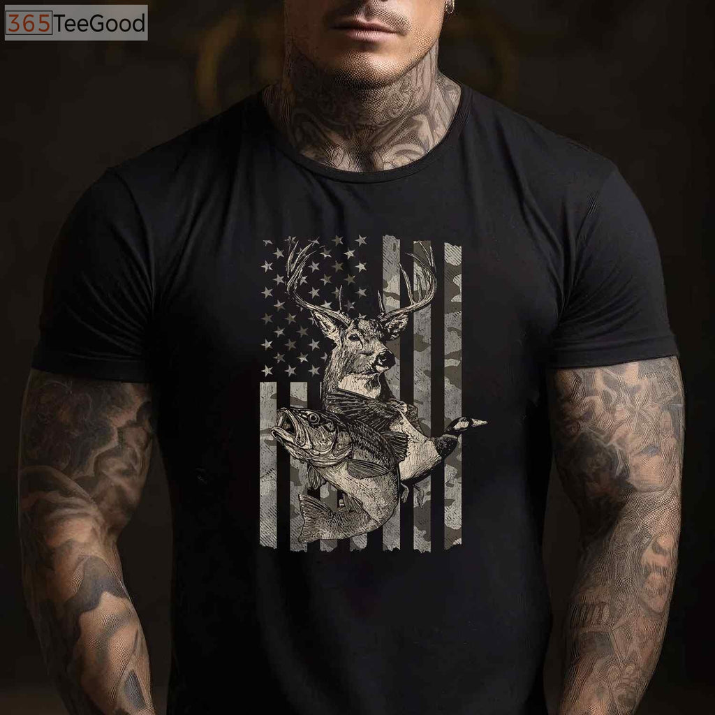 Distressed American Flag Fishing and Hunting Shirt, Dual Hobby Outdoor Gift