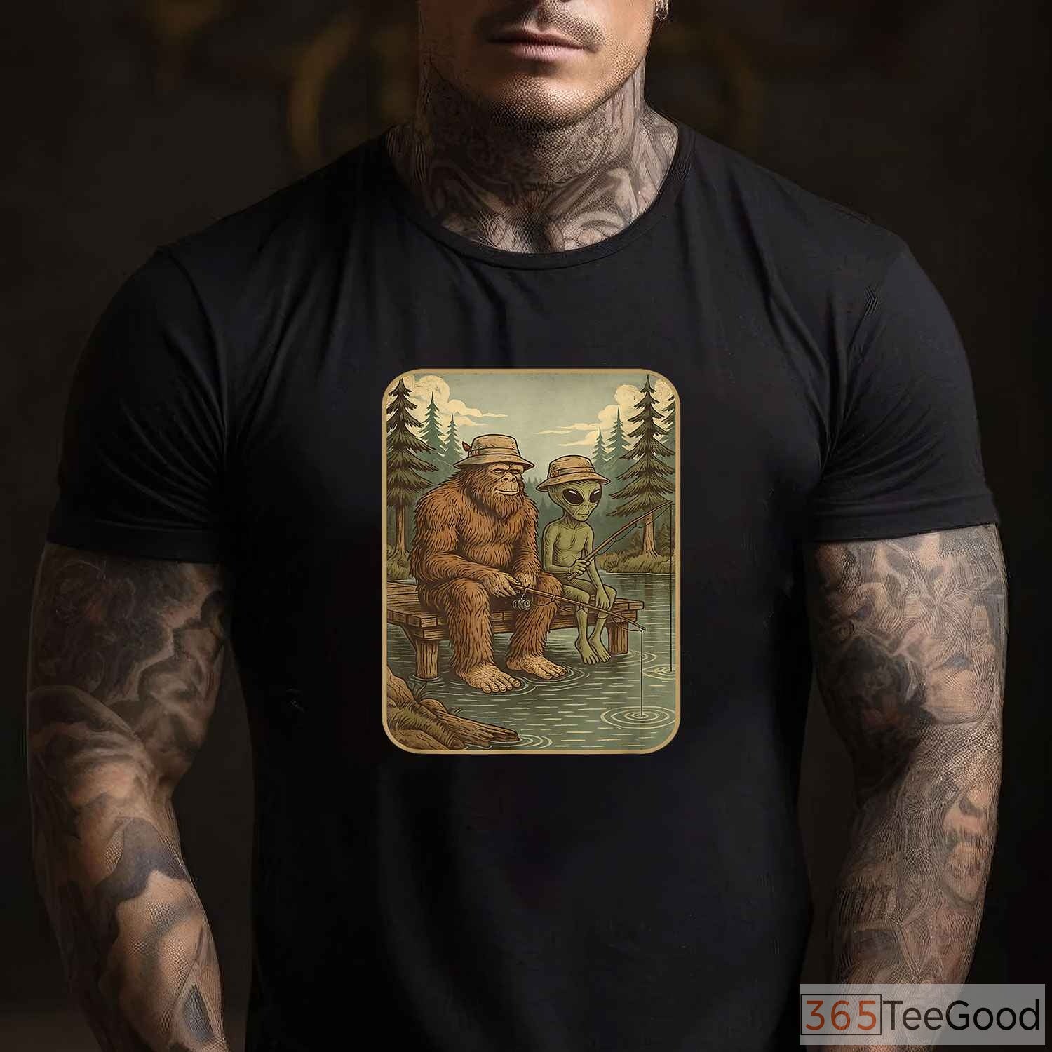 Distressed Bigfoot Fishing Sasquatch Shirt, Cool Wilderness Graphic Tee for Boys and Men