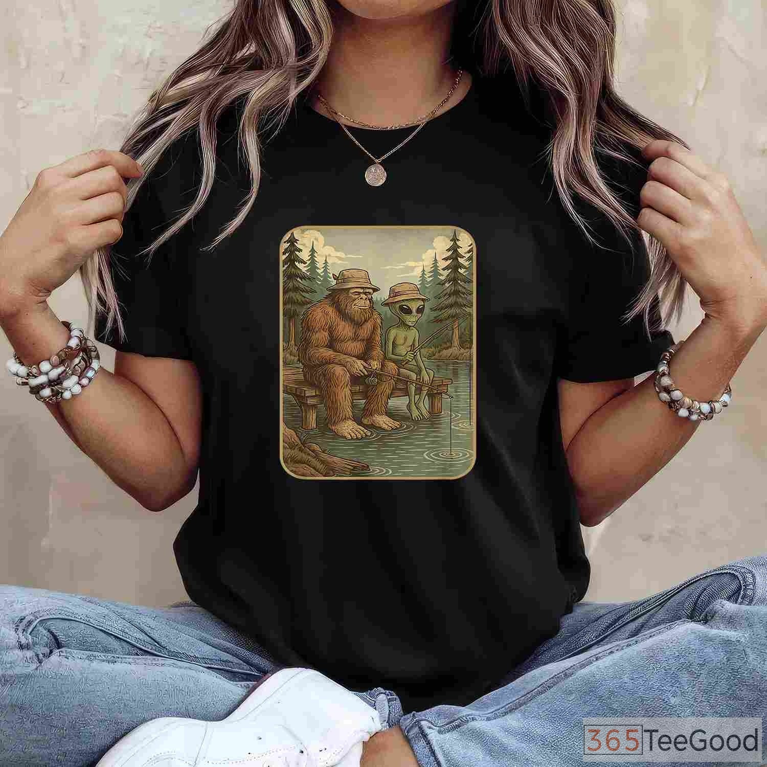Distressed Bigfoot Fishing Sasquatch Shirt, Cool Wilderness Graphic Tee for Boys and Men
