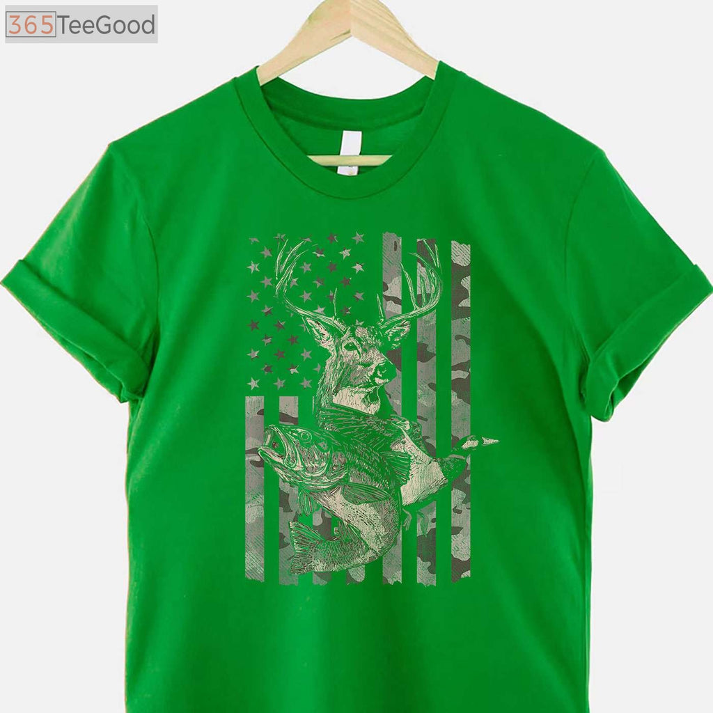 Distressed American Flag Fishing and Hunting Shirt, Dual Hobby Outdoor Gift