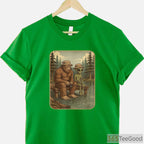 Distressed Bigfoot Fishing Sasquatch Shirt, Cool Wilderness Graphic Tee for Boys and Men