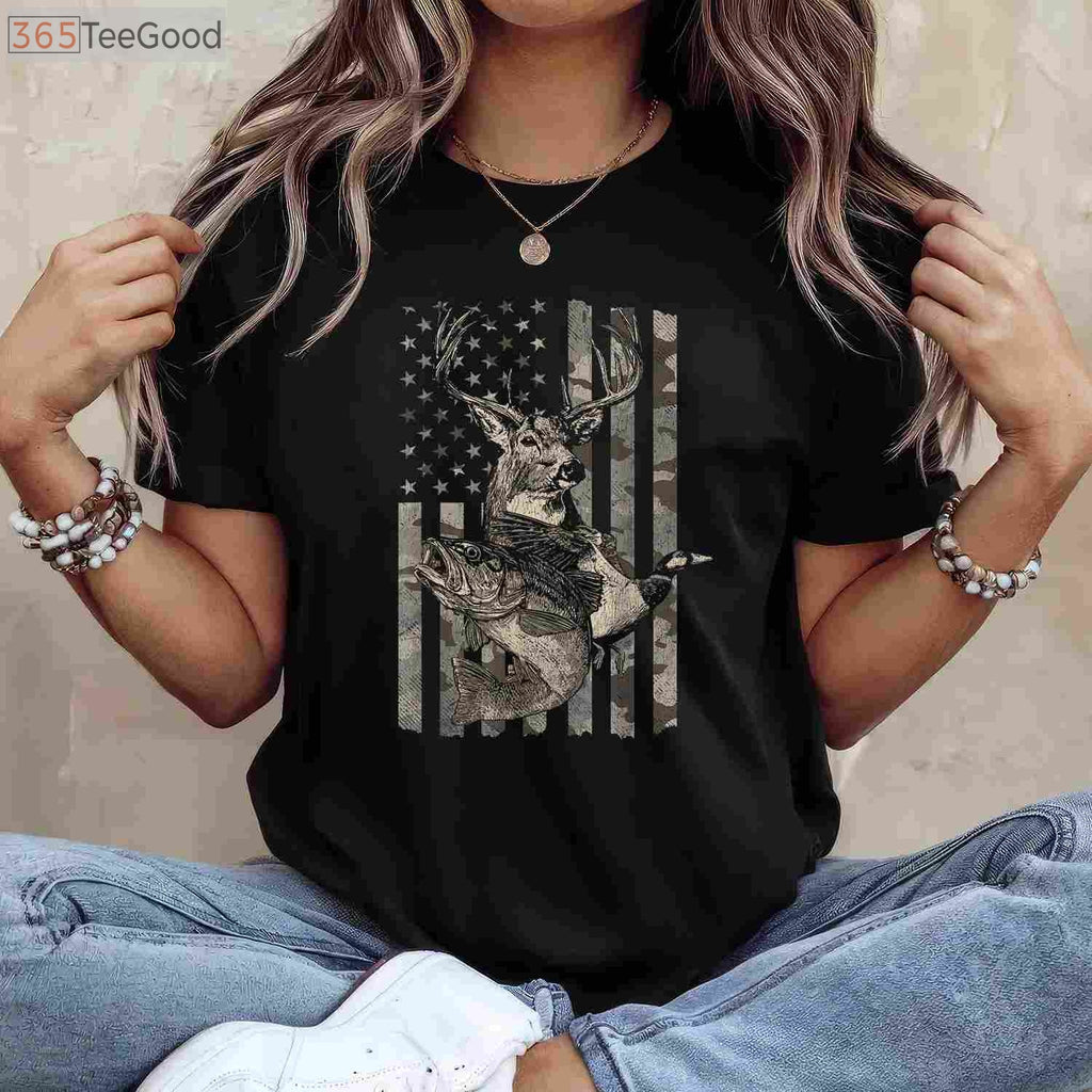 Distressed American Flag Fishing and Hunting Shirt, Dual Hobby Outdoor Gift