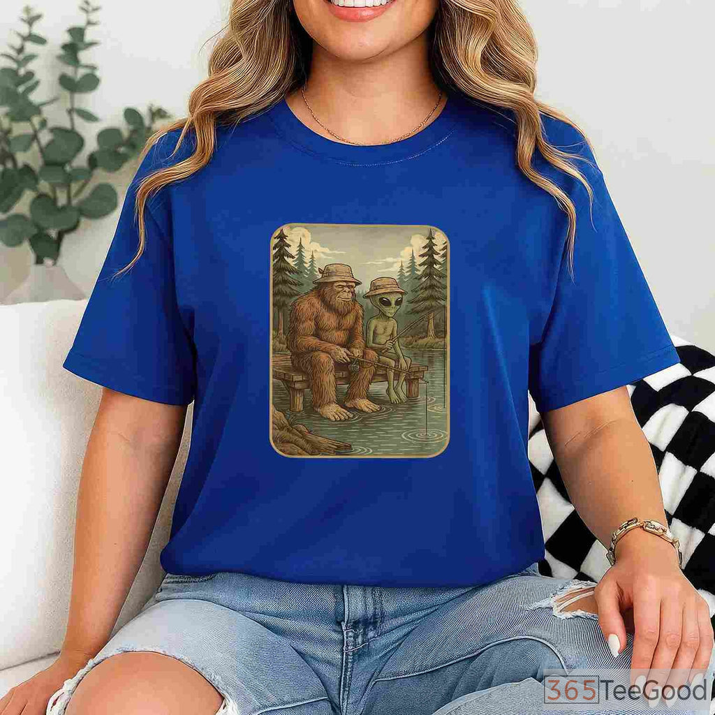 Distressed Bigfoot Fishing Sasquatch Shirt, Cool Wilderness Graphic Tee for Boys and Men