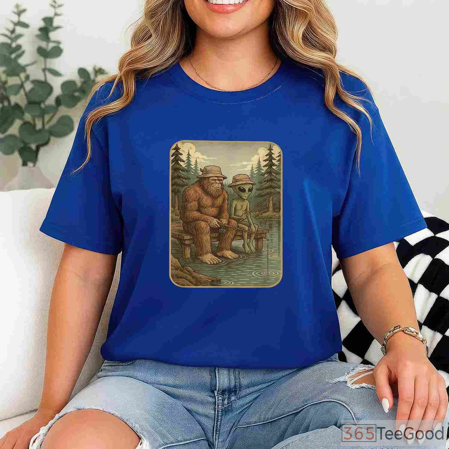 Distressed Bigfoot Fishing Sasquatch Shirt, Cool Wilderness Graphic Tee for Boys and Men