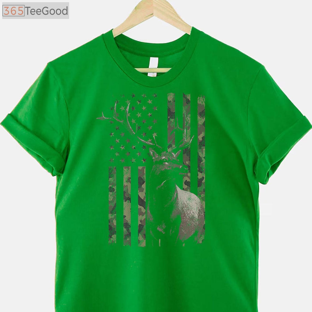 Elk Hunting Camo American Flag Hunting T-Shirt, Camouflage Elk Hunter Shirt