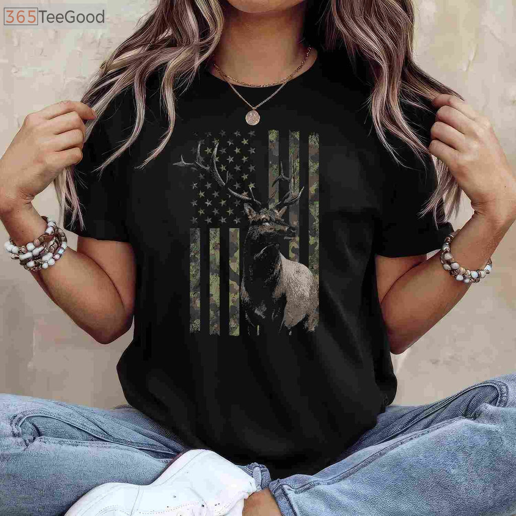 Elk Hunting Camo American Flag Hunting T-Shirt, Camouflage Elk Hunter Shirt