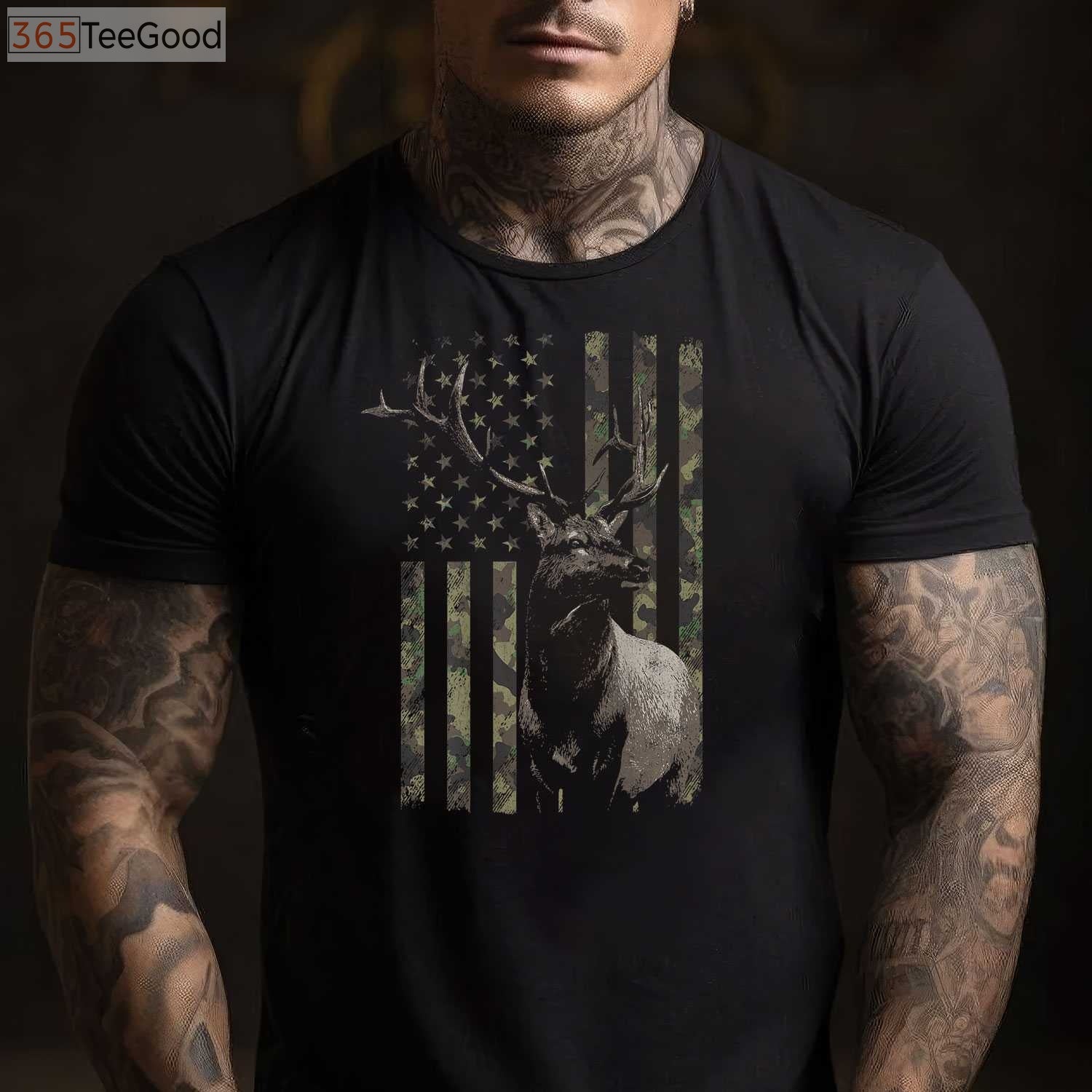 Elk Hunting Camo American Flag Hunting T-Shirt, Camouflage Elk Hunter Shirt