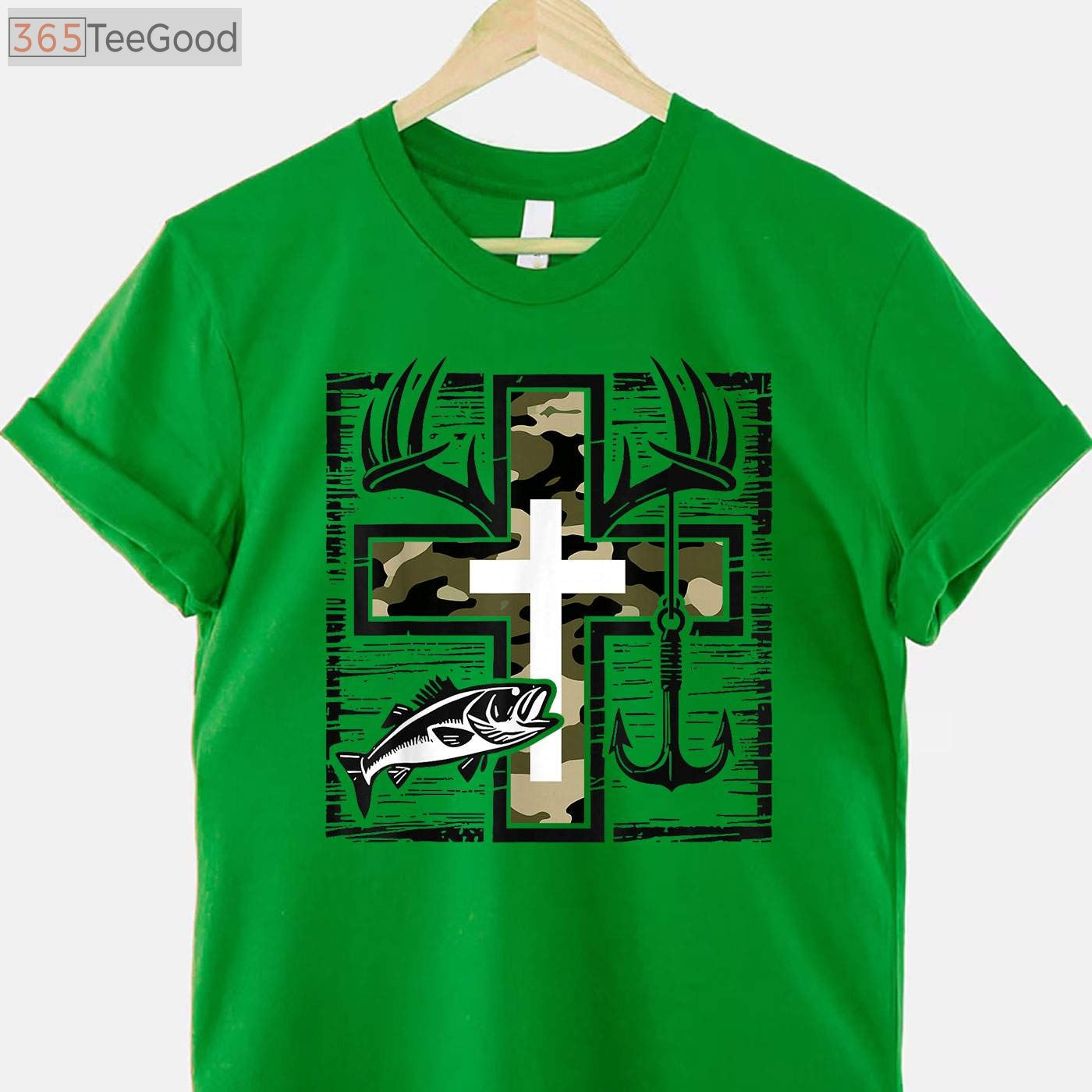 Faith Fishing and Hunting Shirt, Christian Camo Cross Bass Hook Graphic Tee