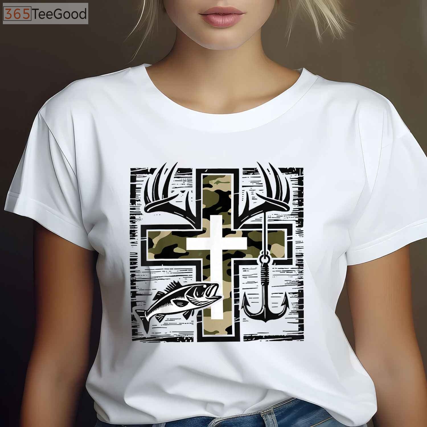 Faith Fishing and Hunting Shirt, Christian Camo Cross Bass Hook Graphic Tee