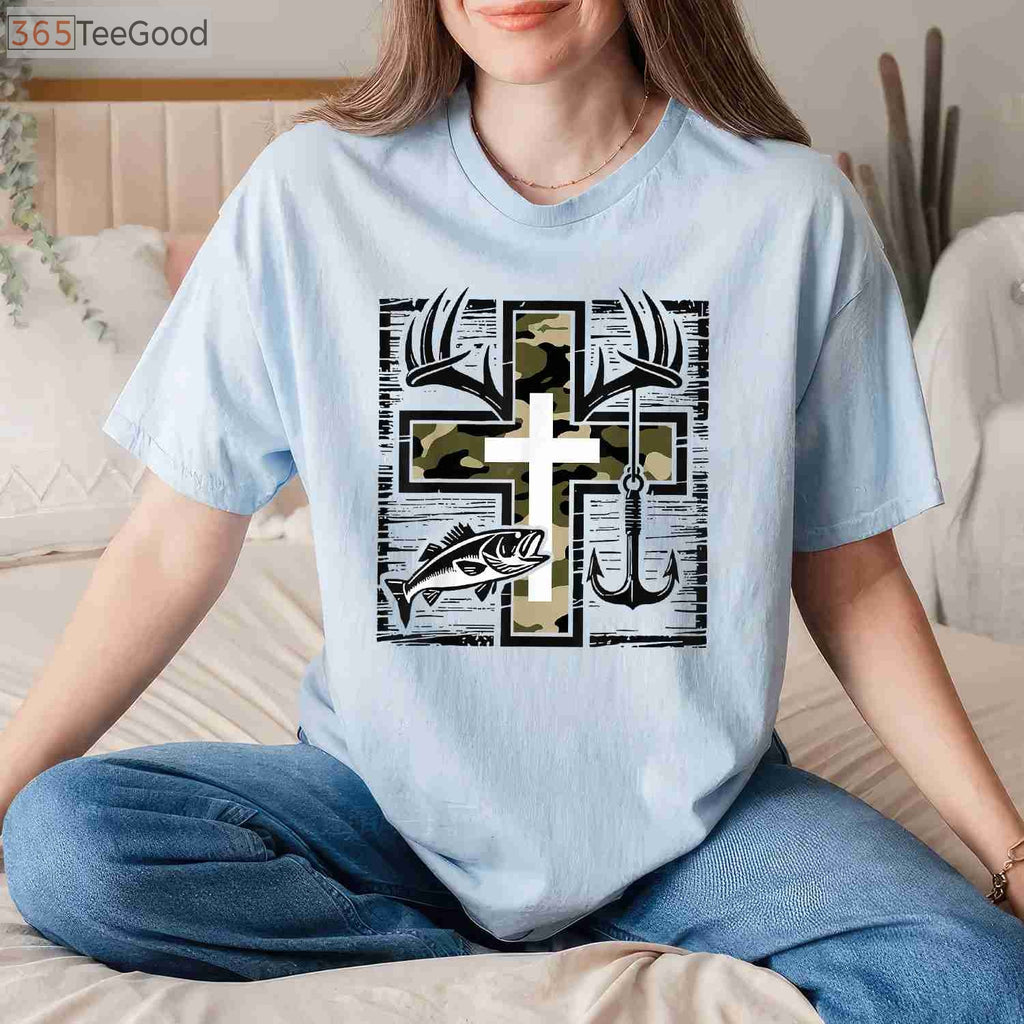 Faith Fishing and Hunting Shirt, Christian Camo Cross Bass Hook Graphic Tee