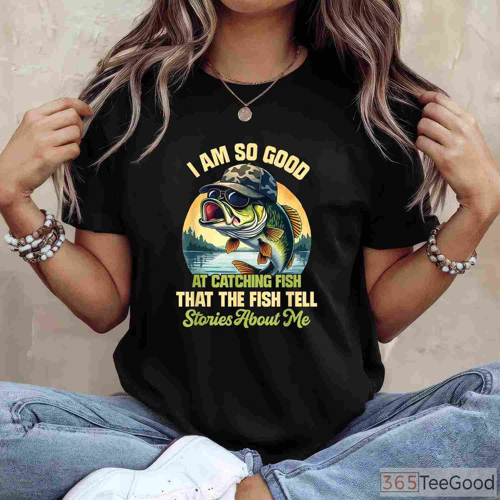 Fish Tell Stories Funny Fishing T-Shirt - Witty Catching Fish Design for Pros