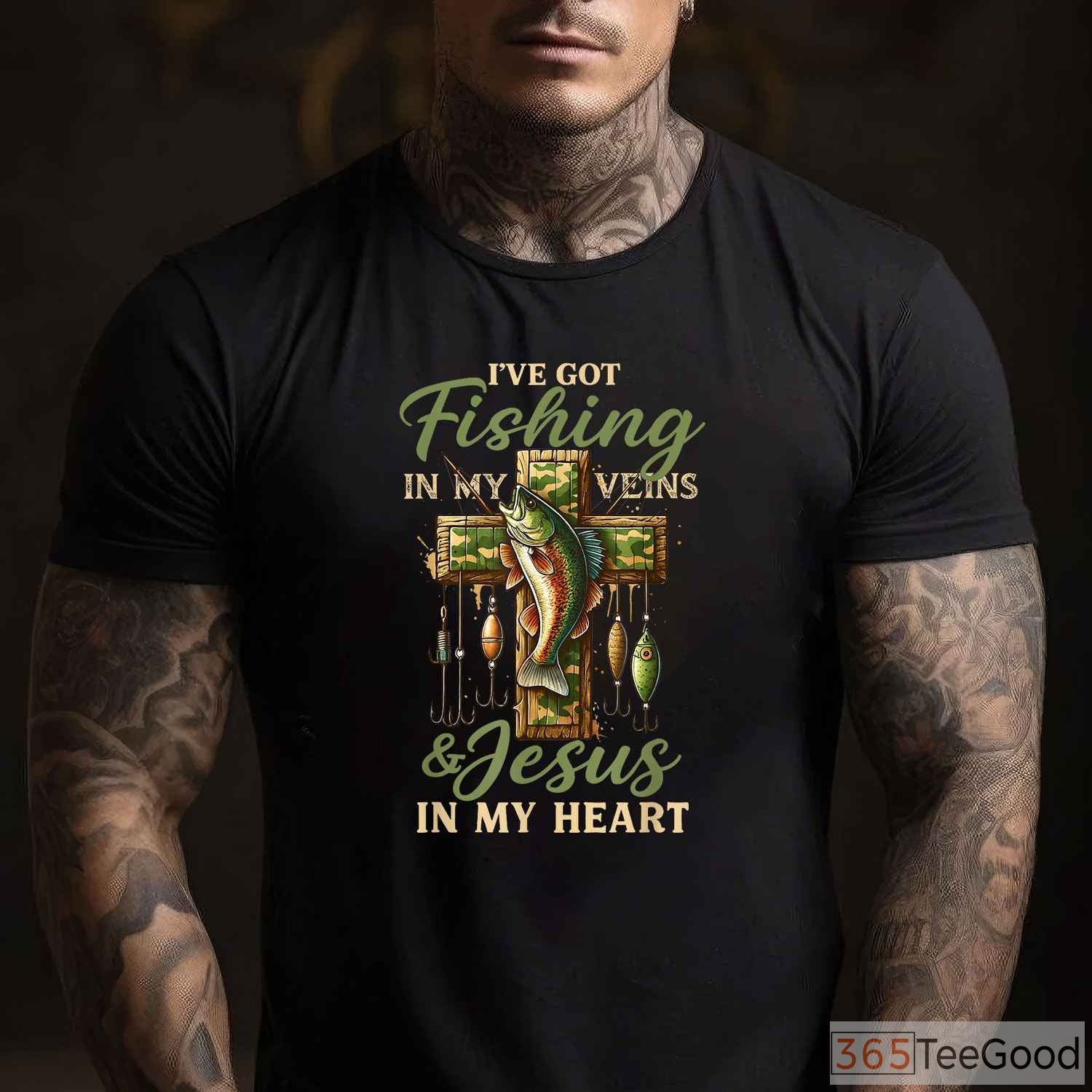 Fishing in My Veins Jesus in My Heart Shirt, Christian Angler Apparel
