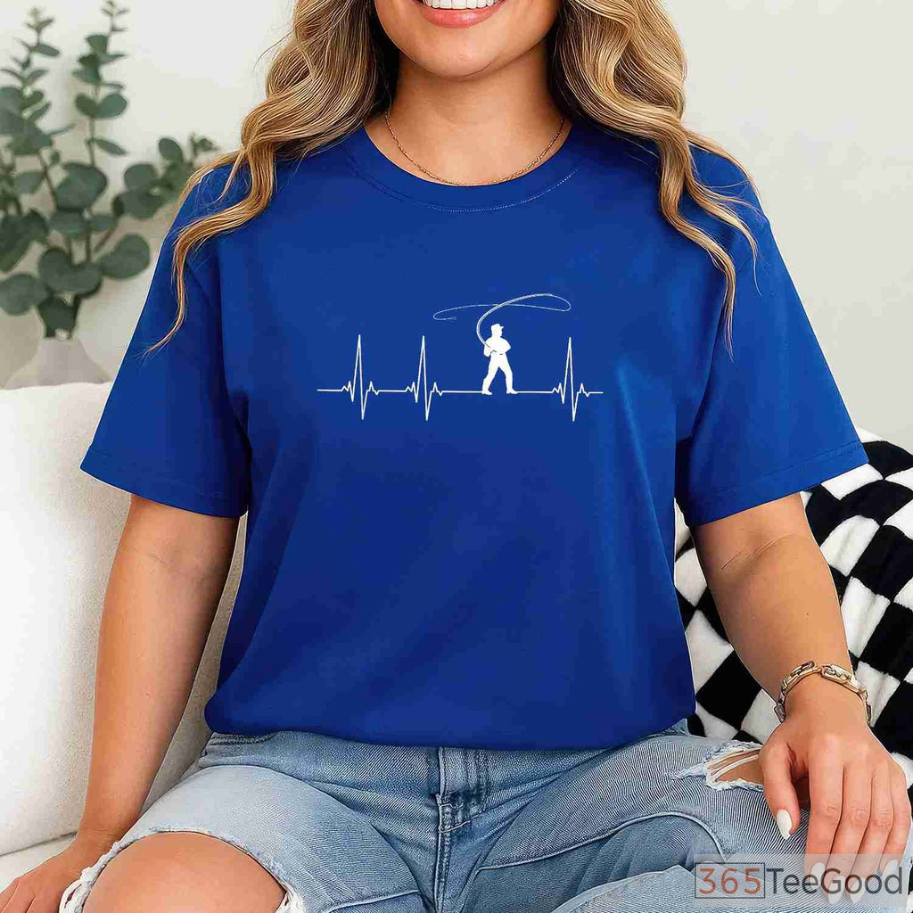 Fly Fishing Heartbeat EKG Shirt, Life Pulse Angling Graphic Tee for Men