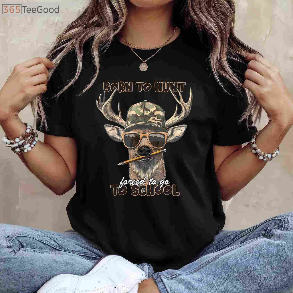 Forced To Go To School Hunting Shirt, Funny Youth Boy Camo Deer Hunter Tee