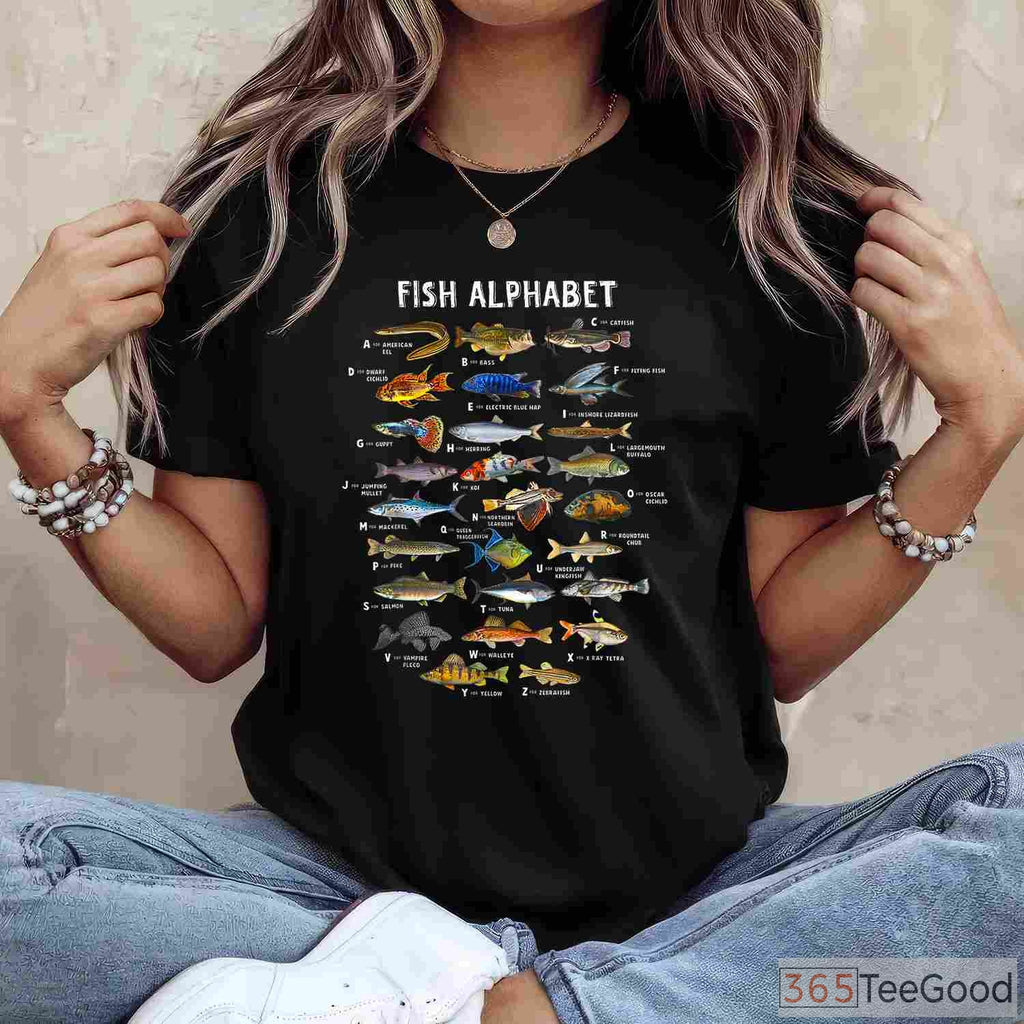 Freshwater Fish Alphabet Educational Shirt - Species Identification Guide for Fishing