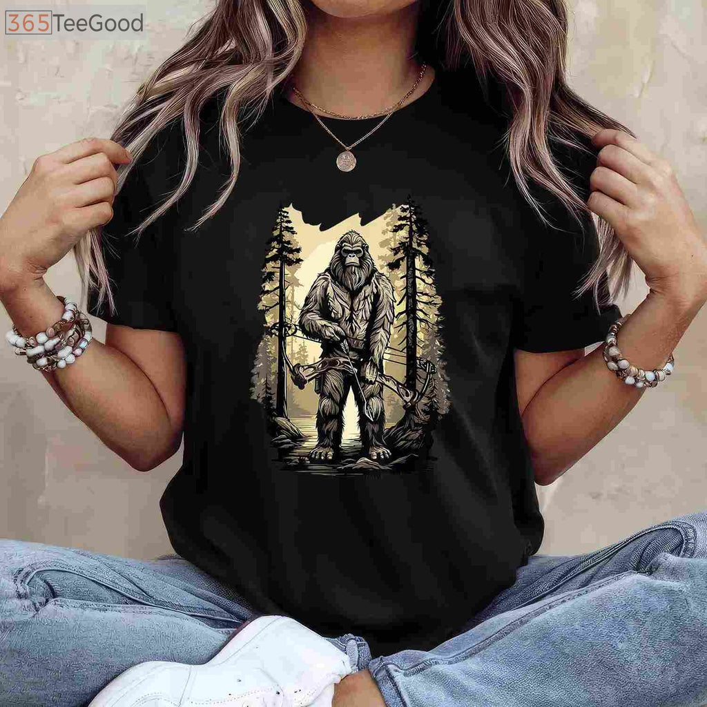 Funny Bigfoot Bow Hunting Shirt, Sasquatch Archery and Woodman Humor Tee