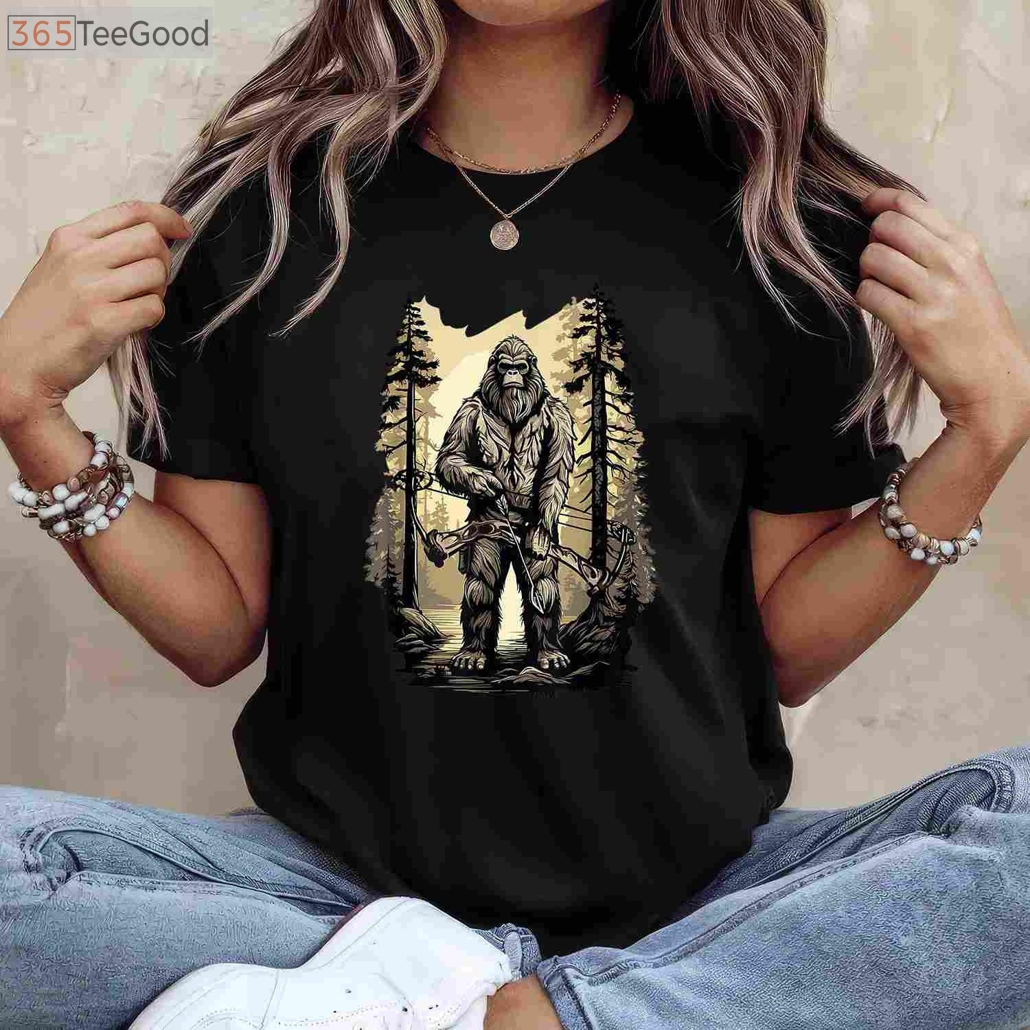 Funny Bigfoot Bow Hunting Shirt, Sasquatch Archery and Woodman Humor Tee