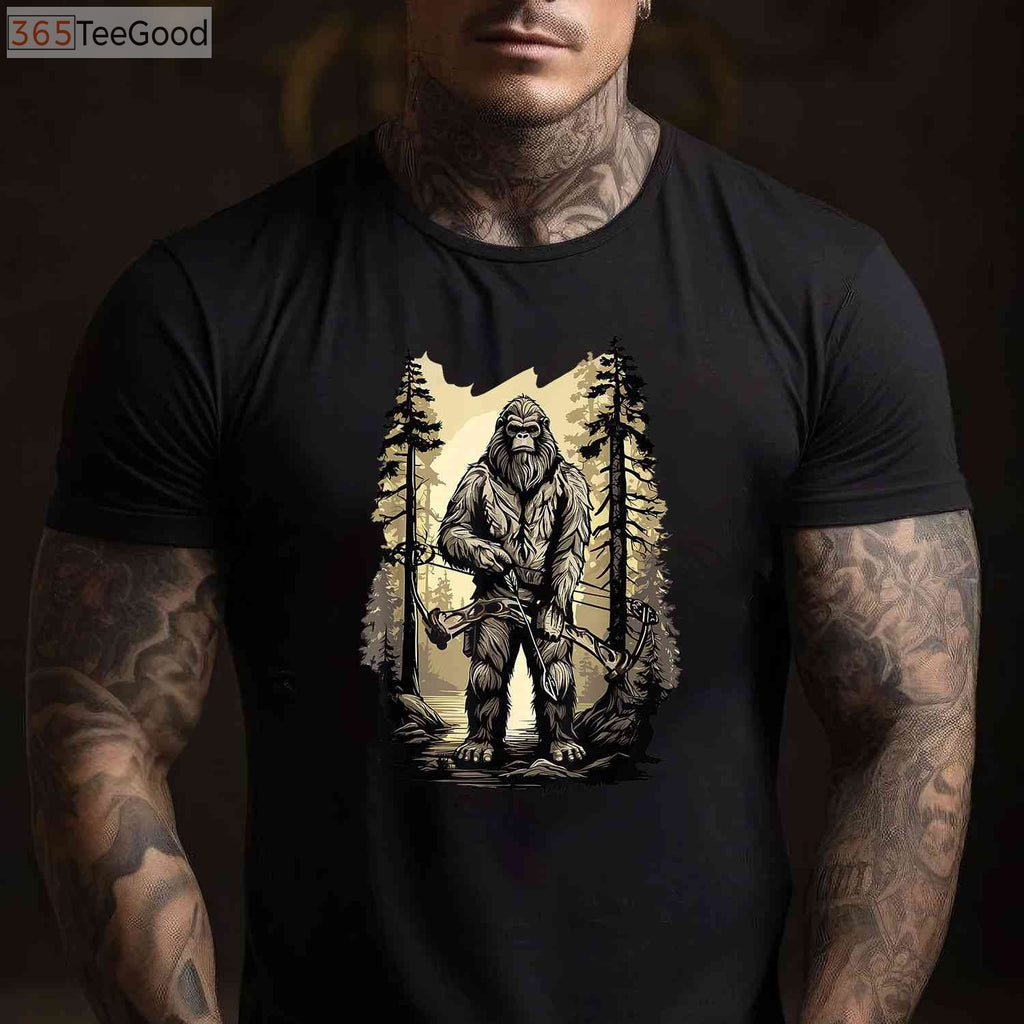 Funny Bigfoot Bow Hunting Shirt, Sasquatch Archery and Woodman Humor Tee