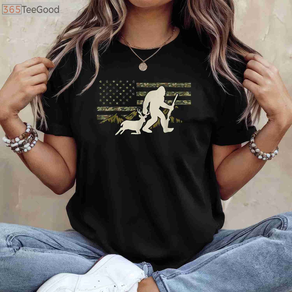 Funny Bigfoot Deer Hunting USA Flag T-Shirt, Sasquatch Buck Season Apparel