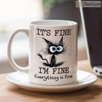 Funny Black Cat Ceramic Mug – It’s Fine Everything Is Fine Coffee Mug Gift for Cat Lovers