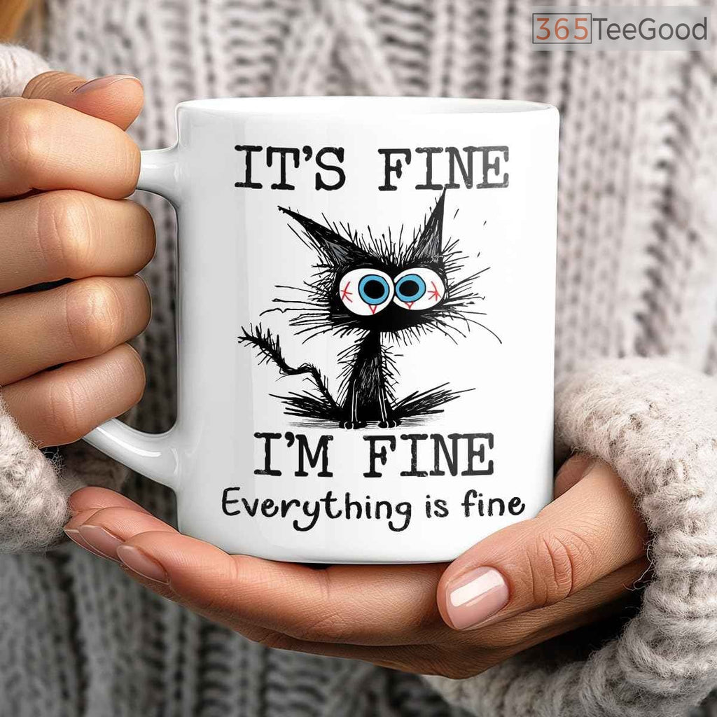 Funny Black Cat Ceramic Mug – It’s Fine Everything Is Fine Coffee Mug Gift for Cat Lovers