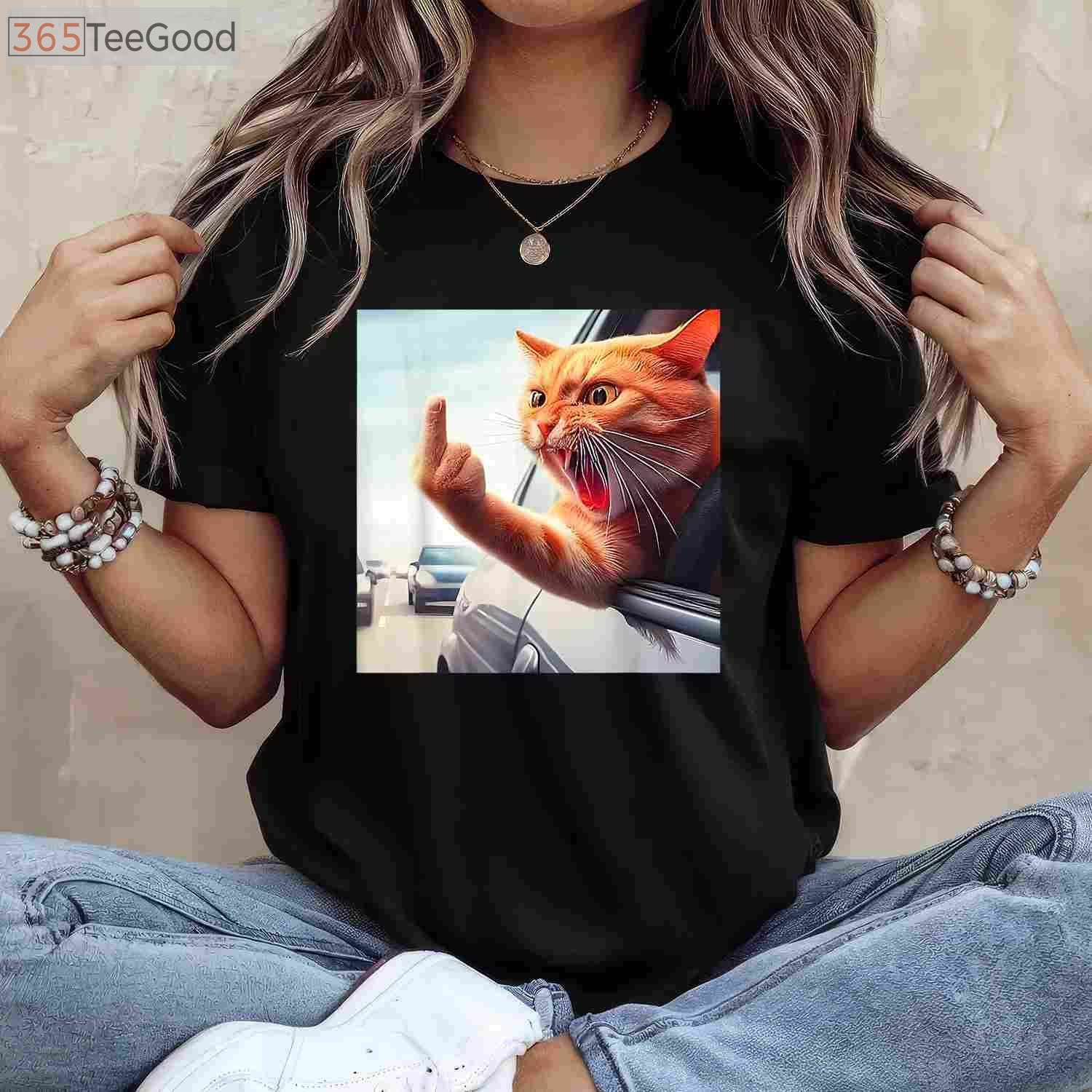 Funny Cat Middle Finger T-Shirt - Hilarious Sassy Cat in Car Graphic Tee