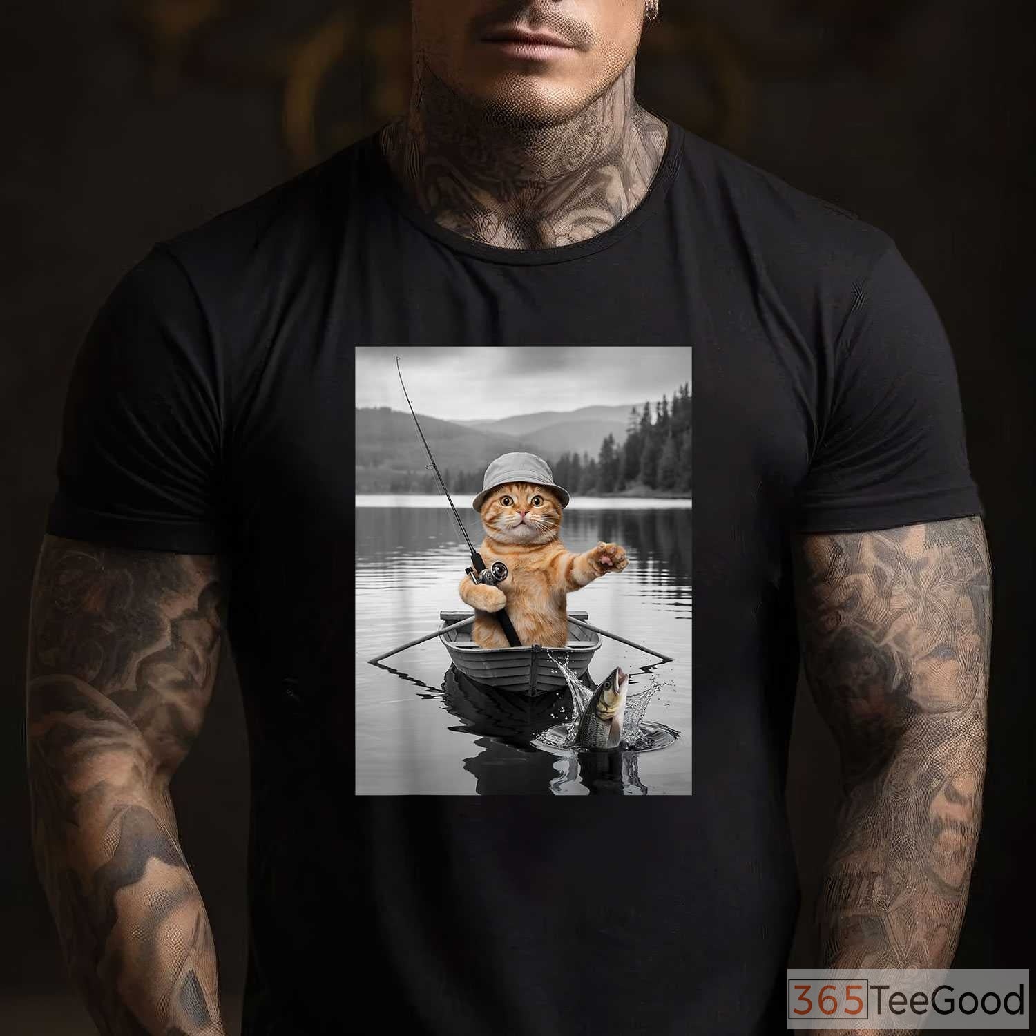 Funny Cat Selfie Boat Fishing Shirt, Weird Cat Meme Fishing Apparel for Men