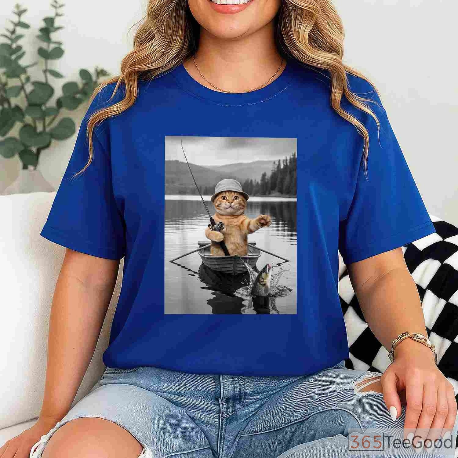 Funny Cat Selfie Boat Fishing Shirt, Weird Cat Meme Fishing Apparel for Men