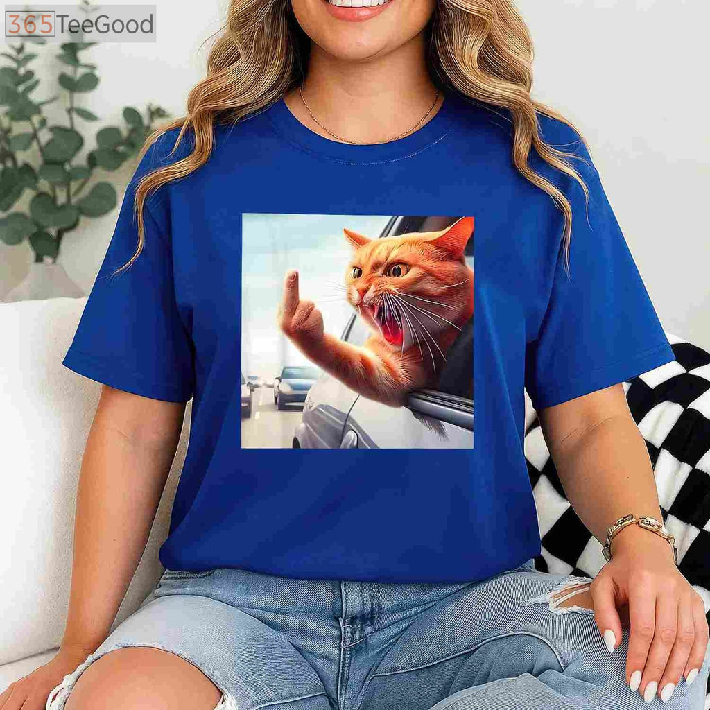Funny Cat Middle Finger T-Shirt - Hilarious Sassy Cat in Car Graphic Tee